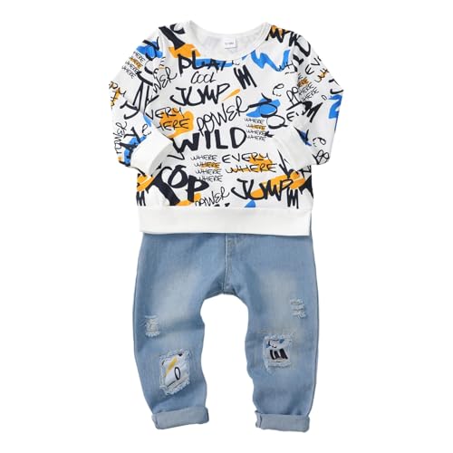 Image of KIMI BEAR Toddler Baby Boy Clothes Fall Winter Outfits Long Sleeve Letter Printed Sweatshirt Pullover Tops + Jean Pants Set