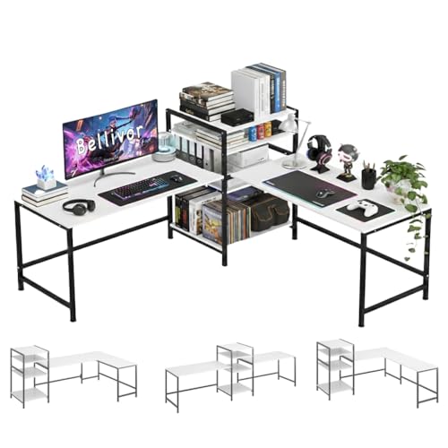 Bellivor L-Shaped Computer Desk with 4-Tier Bookshelf Reversible Corner Office Desk Convertible to Long Workstation for 2 People Study Writing Gaming Table with Adjustable Leg Pads