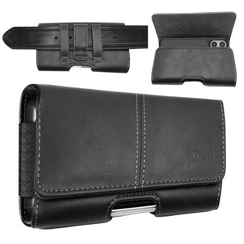 Wireless City Large Leather Phone Holster for iPhone 16/15/14 Plus, iPhone Air 2025, 11 Pro Max, XS Max, Horizontal Belt Clip & Loop Phone Pouch, Magnetic Closure Belt Holder for Men & Women (Black)