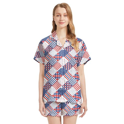 Image of Silk Satin Pajama Set for Women Summer Lounge Pjs Sets 2 Piece Suit Ladies Button Down Tops And Shorts Sleepwear