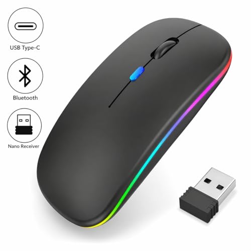 Image of PowerHaus Dual Mode Rechargeable Wireless Mouse, Bluetooth + 2.4GHz Connectivity, Silent Clicks, Adjustable 1600 DPI, RGB LED Lights, Nano USB Receiver, Slim Portable Design - Black