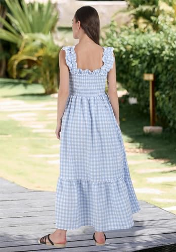 Image of chouyatou Women's Retro Plaid Smocked Dress Spaghetti Strap Flounce Long Dress