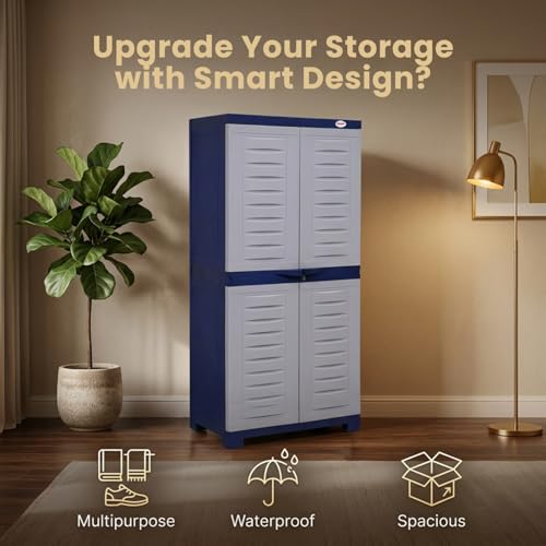 Image of Supreme Furniture Fusion 02 Multipurpose Plastic Cupboard | 40-Months Warranty* |2 Door Tall Storage Cabinet with 3 Adjustable Shelves & Center Lock | Big Water Organiser for Bedroom| DIY | Blue Grey