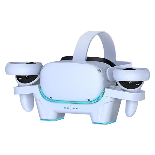 Image of Ant Esports VR Charger Station Compatible with Oculus /meta 3 Quest 3 / 3S, RGB Light Fast Charging Dock Replacement,Headset Display Stand and Controller Mount with 2 Rechargeable Batteries - White