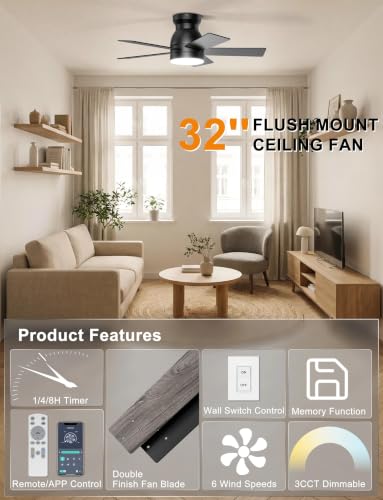 Ohniyou 32 Low Profile Ceiling Fan with Lights Remote APP Control Black - image 3