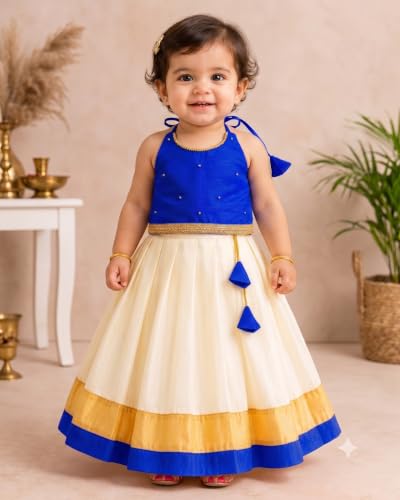Image of Stanwells Kids Baby Girl Dress Cream Gold Pattu Pavadai Cotton Silk Lehenga Choli Kerala Kasavu South Indian Onam Festival Traditional Ethnic Wear