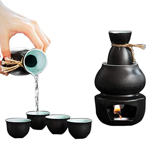 7-Piece Sake Set, Traditional Pottery Sake Set with Warm Pot, Including 1 Sake Pot, 4 Sake Cups, 1 Heating Furnace, 1 Thermal Pot, Quaint Texture Cups