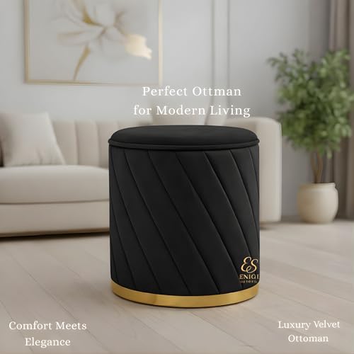 Image of Premium Velvet Ottoman Stool | Modern Round Pouffe with Gold Base | Multipurpose Seating | Living Room & Bedroom Decor (Black Set of 2)