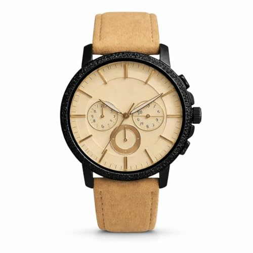 Image of Chronograph Watch, Black Case with Tan Leather Strap, Gold Dial, Multi-Function Display