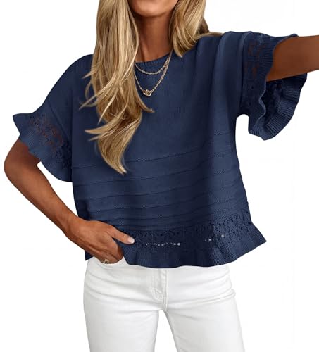 KIRUNDO Short Sleeve Sweater for Women 2026 Spring Summer Tops Crochet Round Neck Ruffled Hem Knit Pullover Casual Blouse(Dark Blue, Small)