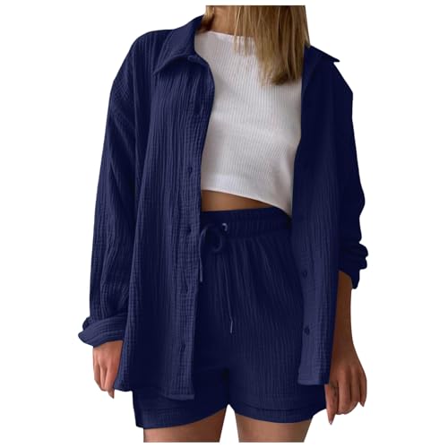 Conjunto de pantalones cortos para mujer, camisa de manga larga con bolsillos, cintura alta, pantalones cortos con cordón para primavera, ropa informal y sólida, talla grande, azul marino, XL