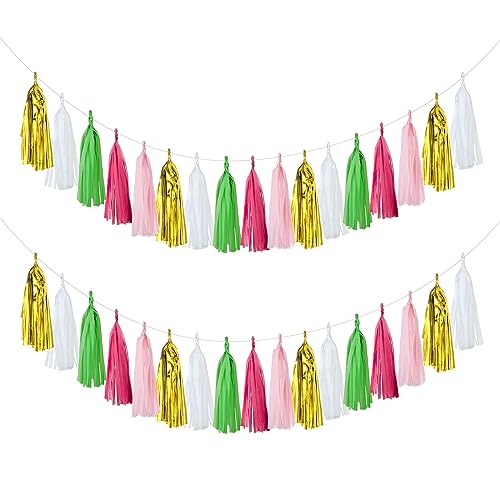 Meetppy Hawaii Luau - Decoraciones de fiesta de 25 piezas, verde, rosa, dorado, blanco, guirnalda de fiesta de pañuelos para suministros de cumpleaños Aloha de selva tropical