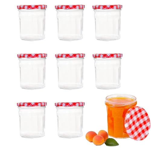 CTForest Trend Set de 8 Tarro de Mermelada, Tarros Cristal de tapón de Rosca, Tapa de Rosca Rojo Cuadros DIY Se Utiliza para Almacenar Salsas y Leche