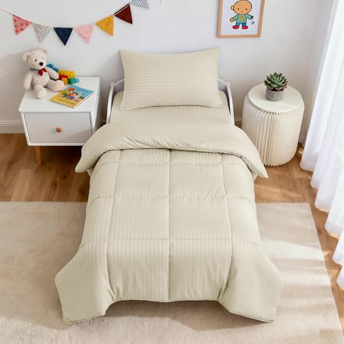 Image of ZPECC Toddler Bedding Set - 4 Piece Hypoallergenic Baby Crib Bedding Set for Boys and Girls, Includes Toddler Comforter, Flat Sheet, Fitted Sheet and Pillowcase, Cream Stripe