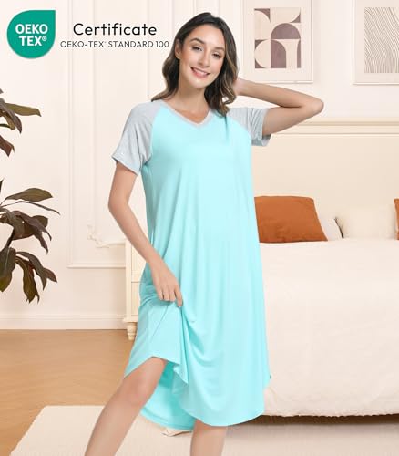 Image of NACHILA Women's Nightgowns-Viscose Made from Bamboo, Soft Sleepshirt Short Sleeve Nightshirt V Neck Sleepwear Cool Loungewear