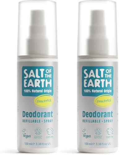 Desodorante natural en spray Salt Of The Earth, sin olor, sin fragancia - Vegano, sin crueldad animal - 100ml (Paquete de 2)