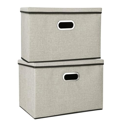 Youyijia 2 Pack Storage Boxes with Lids 45x30x30cm Large Collapsible Storage Baskets for Shelves Foldable Linen Fabric Storage Bins with Handle Cube Storage Unit for Clothes Toys (beige)