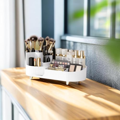 Image of BIG MAKE UP BOX,Large Cosmetic Storage Case with 360 Degree Rotating Organizer, 9 Slot Makeup Brush Holder, Beauty Makeup Organizer for Bathroom, Countertop, Vanity.