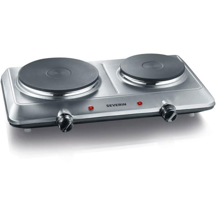 SEVERIN Placa de cocina doble portátil, placa eléctrica para cocinar con 2 fuegos, hornillo eléctrico de mesa con termostato regulable de acero inoxidable pulido, 2.500 W, KP 1014