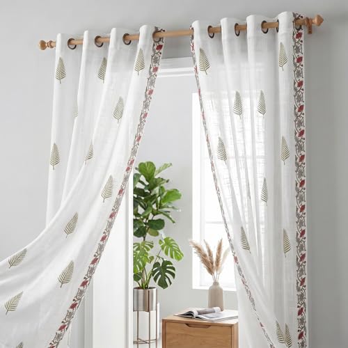 Image of LINENWALAS Decorative Cotton Linen Sheer Curtains 7 Feet for Door -Block Printed Door Curtain | Grommet Hanging Style Pack of 2 Panels |Light Filtering Sheer Drapes (Fern)