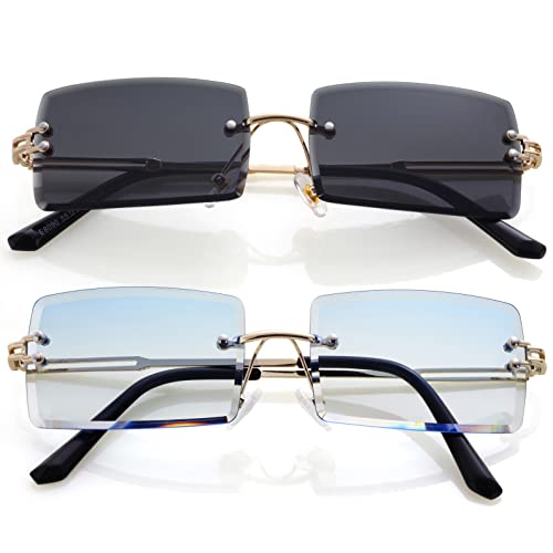 Image of Kursan Frameless Rectangle Sunglasses for Men Women Small Rimless Sun Glasses Shades UV400 Protection (2 Pack (Grey + Gradient Blue))