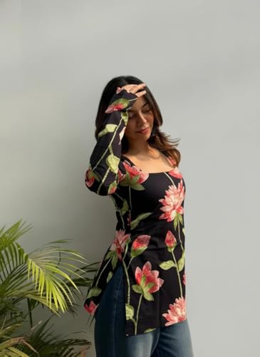 Image of ANNI Designer Women's Viscose Blend Printed Short Kurti for Women Floral Design Square Neck Top | Short Kurtis for Woman | Kurti Tops for Women | Kurtas for Woman | Kurti with Jeans Styling