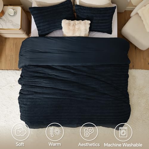 Image of BEDELITE Fleece Queen Comforter Set -Super Soft & Warm Fluffy Navy Faux Fur Bedding, Luxury Fuzzy Heavy Bed Set for Winter with 2 Pillow Cases