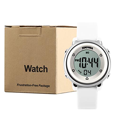 Skmei Kids Digital Watch, Waterproof Boys Girls Colorful LED Light Watches Childern Wristwatches with Stopwatch (White)