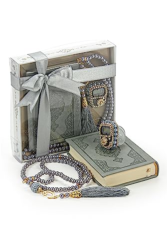 Image of İhvan Online Medina Calligraphy Quran Set with Islamic Finger Counter, Portable Digital Prayer Tasbeeh, Pearl Zikirmatic Beads, 3 Pieces Gift for Ramadan & Eid & Mawlid (Gray)