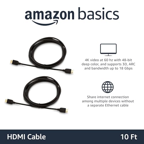 Image of Amazon Basics HDMI Cable, 2-Pack, 10ft, High-Speed 4K@60Hz HDMI 2.0 Cord for Blu-ray, 18Gbps, 2160p, 48 bit, Ethernet, Compatible with TV /PS5 /Xbox /Roku, Black