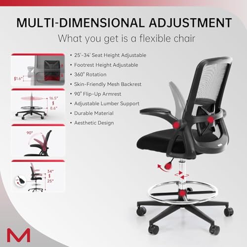 Image of Ergonomic Drafting Chair, Tall Height Adjustable Office Stool with Flip Up Armrest, Adjustable Foot Ring & Lumbar Support, Rolling Mesh High Desk Chair for Standing Desk, Studio & Office Use