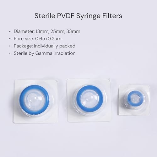 Image of PVDF Syringe Filter, Sterile, 0.45μm 25mm, Individually Packed, 10 Pack | Syringe Lab Filters, Double-layer Hydrophilic PVDF, Gamma Irradiated & Pyrogen-free, Female Luer Lock & Male Luer Slip