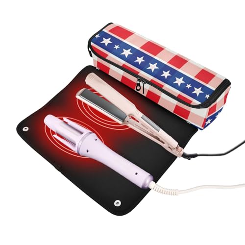 Bolsa de viaje para herramientas de cabello con tapete resistente al calor extraíble, impermeable, organizador para planchas, alisadores, rizadores, con patrón de borde rojo y blanco a cuadros miniatura 2