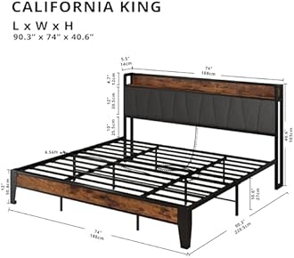 LIKIMIO California King Bed Frames, Storage Headboard with Charging Station, Solid and Stable, Noise Free, No Box Spring Needed, Easy Assembly