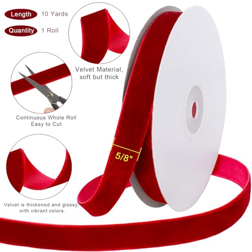 Image of Tsorode 10 Yards Red Velvet Ribbon for Christmas Tree,5 /8 Inch