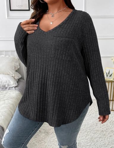 Image of Koscacy Women Plus Size Casual Knit Sweater with Pocket V Neck Solid Color Tops Lightweight Long Sleeve Blouses