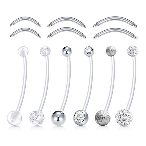 Mayhoop 12Pcs Piercing de Nombril Grossesse 14G Acrylique Flexible Clair 32mm Retainer Anneau de Nombril Grossesse Femmes Enceintes Sports avec Barre d'Acier 6-10mm Bijoux de Piercing Argent Cover