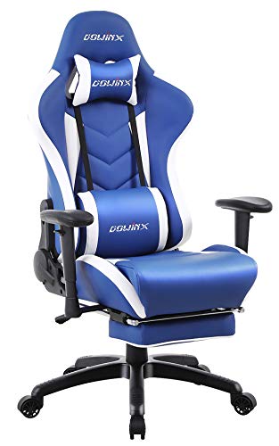 Dowinx Gamingstoel met voetensteun, ergonomische racestijl met massage lendensteun, bureaustoel voor computer, PU-leer, E-Sports, speelstoel, hoge rugleuning, blauw