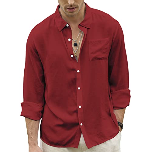 Ctu Men's Fashion Summer Casual Button Down Shirt Long Sleeve Solid Color Holiday Beach Shirts Winered #TOP4