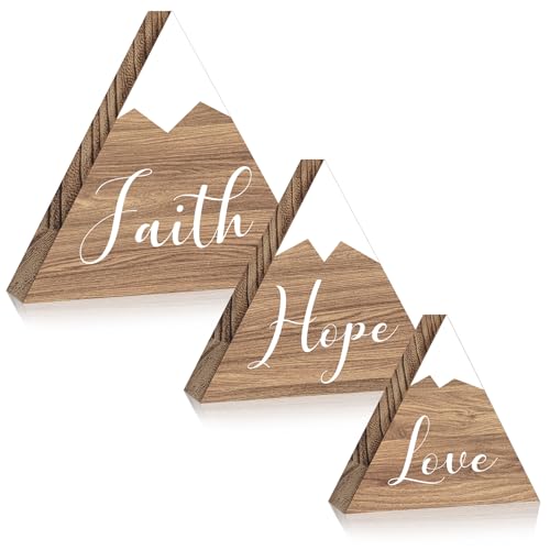 Image of Maitys 3 Pcs 3 Size Mountain Shelf Decor Mountain Wooden Sign Farmhouse Wood Mountain Decor Woodland Nursery Decor Travel Adventure Mountain Table Centerpiece for Home Farmhouse (Faith Style)