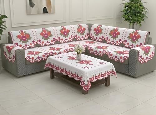 Image of Fab Nation Sofa Cover L Shape 6 Seater with Corner L Type Fully Covered Sofa Set for Living Room | Cotton Sofa Slipcovers for 3 + 3 Seaters Cover with 2 Arms + 1 Table Cover | Flower Pink