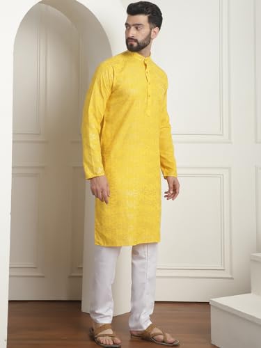 Sojanya (Since 1958 Men's Cotton Foil Printed Mustard Kurta With Churidaar Pyjama