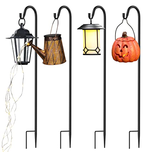 QIZENME Adjustable Height Shepherd Crook Hooks Set of 4 Festoon Pole with Base 3 Threaded Fittings Black Metal Garden Border Hook for String Lights Flower Ball Plant Baskets -76 cm/29.64 in