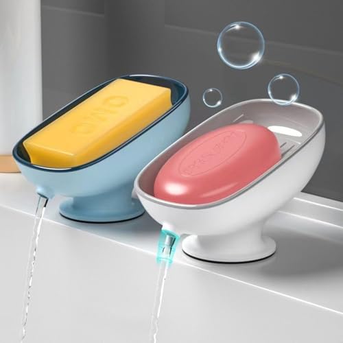Image of Self Draining Plastic Soap Holder with Suction Cup - Leaf Shape Bar Soap Dish for Kitchen Sink, Shower, and Bathtub (1, White)