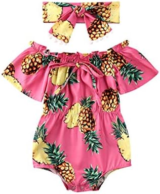 2Pcs Newborn Baby Girl Leopard Ruffles Sleeve Bodysuits Jumpsuit Headband Clothes Romper Set (Red&Pineapple, 6-12 Months)