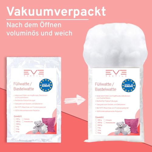 EVE Textile® 1 kg Füllwatte für Kissen Flauschiges Füllmaterial & Stopfmaterial Kissenfüllung, Bastelwatte, Stoff Füllung für Kissen, Stofftiere & Kuscheltiere Öko-Tex 100 Zertifiziert