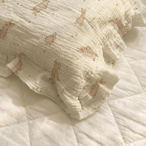 Image of Toddler Pillowcases for 13 inchx18 inch Pillow 2 Pack, Muslin Small Toddler Baby Kids Travel Pillow Covers for Boys Girls with Envelope Closure (Hopping Bunnies & Beige-Ruffled, 13 x 18 Inch)