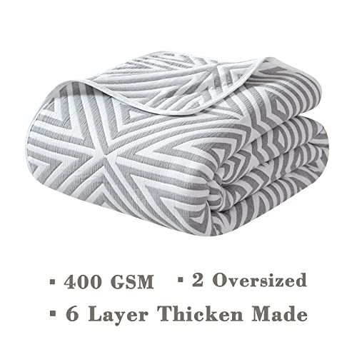 EMME Cotton Queen Blanket for Bed - 6 Layer Soft Quilt Thicken 400GSM Triangle Jacquard Blanket 90"x 90", Cotton Comforter for Dorm Bed Couch Chair and All Seasons(Grey,Queen)