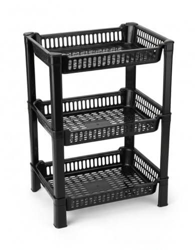 Image of U-Max Multi Tire Kitchen Storage Rack, Plastic Utility Shelf Organiser, Space Saving Storage Solution, Revolving Vegetable Rack (Black, 3)