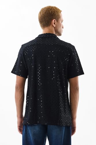 Image of SNITCH Men Casual Shirt | Regular Fit Half Sleeve Cuban Collar Textured Pattern with Embellished Sequins | 100% Viscose & Breathable Fabric for Everyday Wear